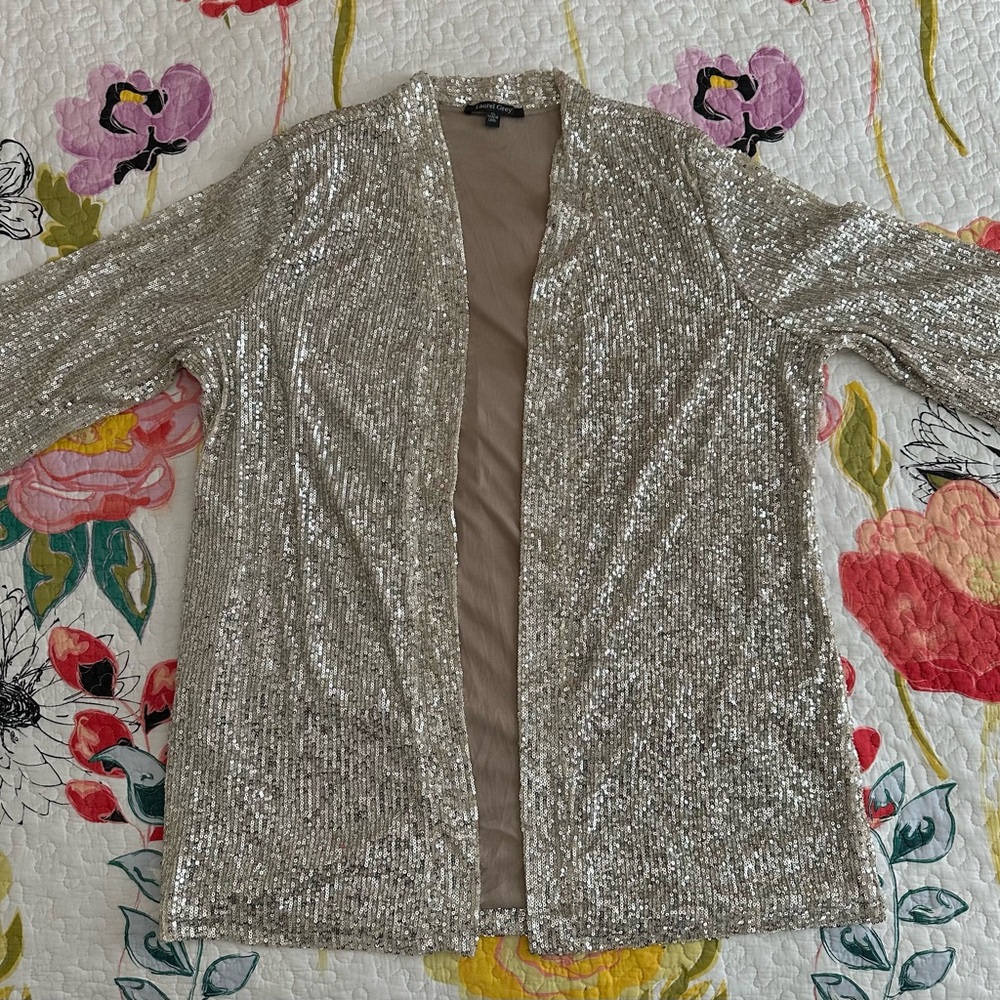 Laurel Grey Silver Sequin Open Front Cardigan
